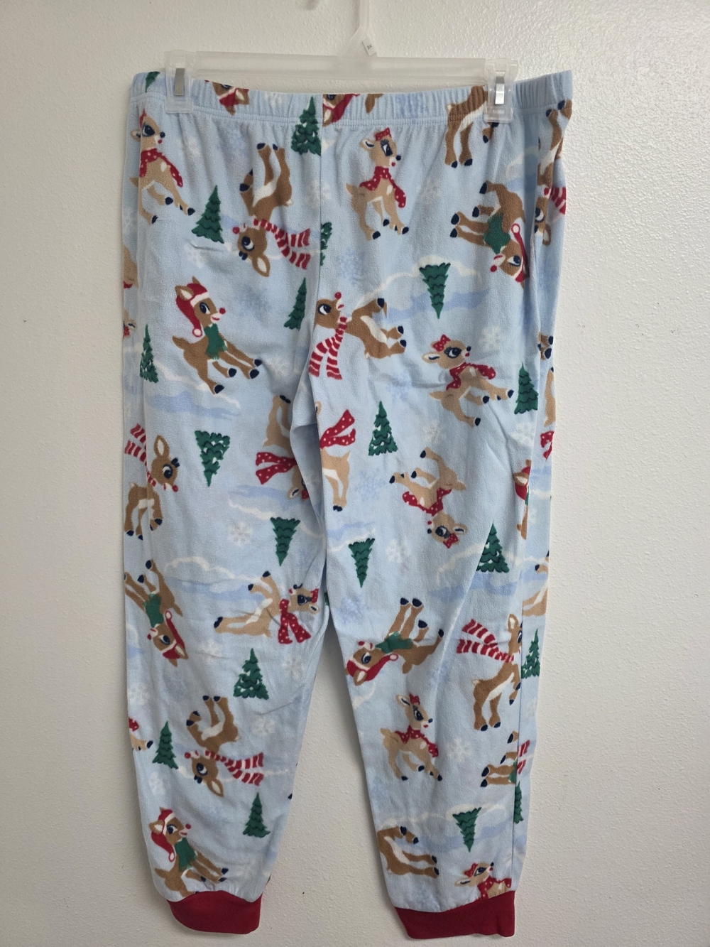 Light Blue Reindeer Print Women's Pajama Pants with Red Cuffs (0757)